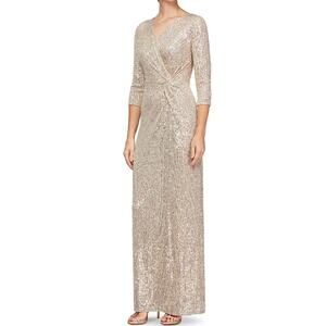 Alex Evenings Gold Sequin V-Neck Maxi Gown Long Sleeve Dress Size 12